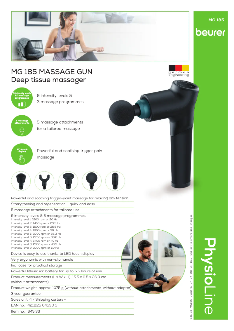 Page 1 de la notice Fiche technique Beurer MG 185