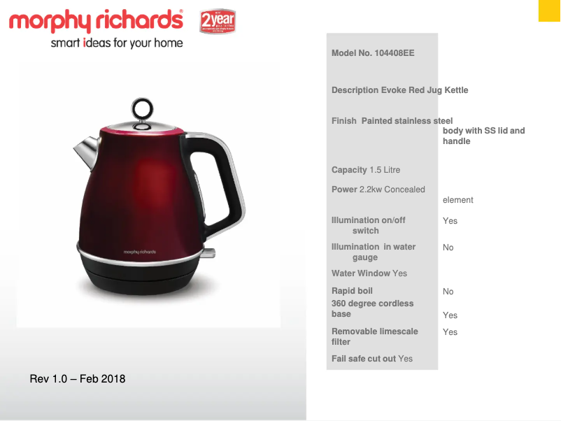Page 1 de la notice Fiche technique Morphy Richards Evoke 104408