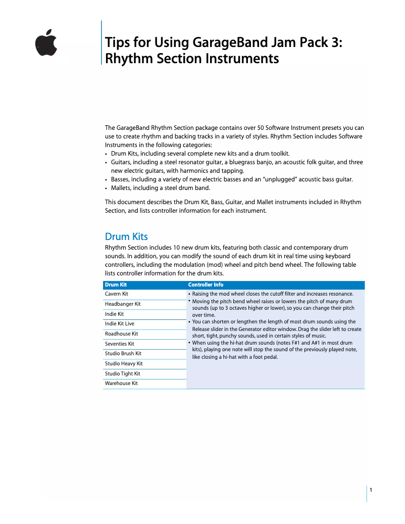 Page n°1 - Manuel utilisateur Apple GarageBand Jam Pack 3: Rhythm Section Instruments