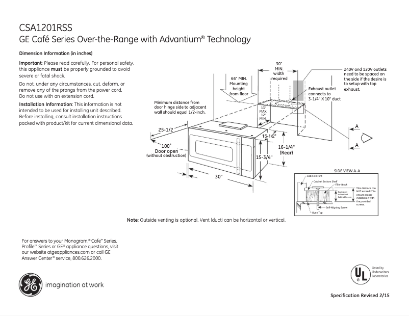 Page 1 of the manual Technical Sheet GE Café CSA1201RSS