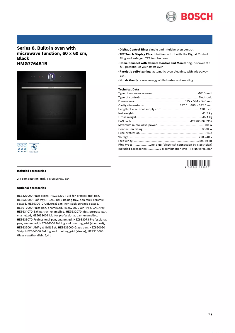 Page 1 de la notice Fiche technique Bosch HMG7764B1