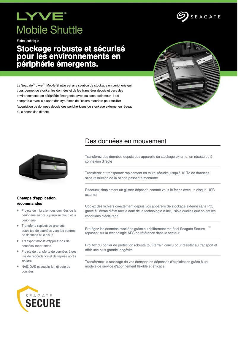 Page 1 de la notice Fiche technique Seagate Lyve Mobile Shuttle