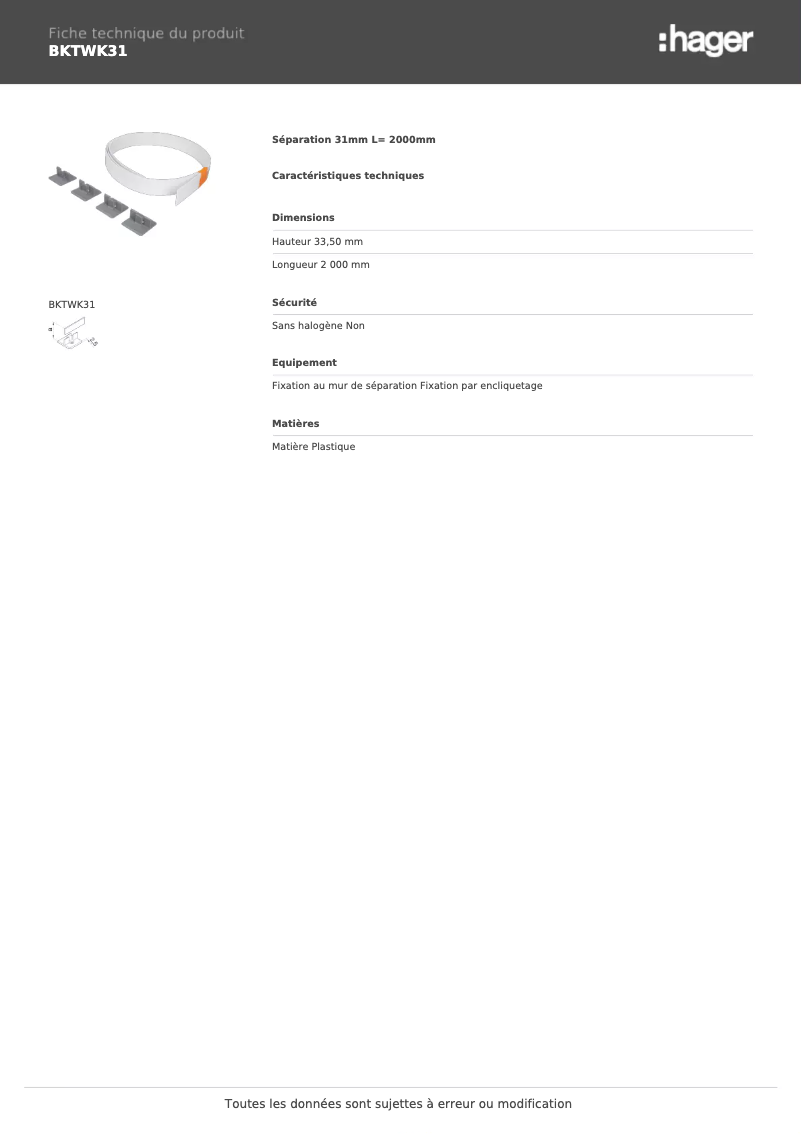 Page 1 de la notice Fiche technique Hager BKTWK31