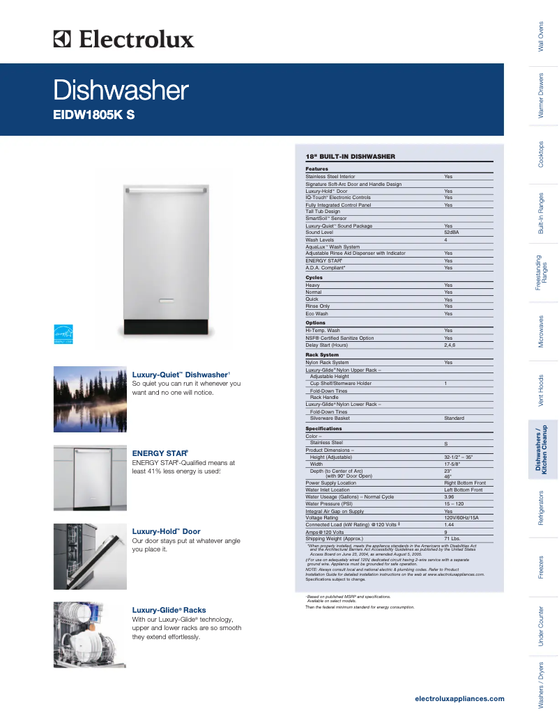 Page 1 de la notice Fiche technique Electrolux EIDW1805K