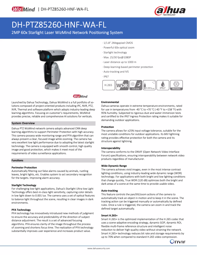 Página 1 del manual Ficha técnica Dahua Technology PTZ85260-HNF-WA-FL