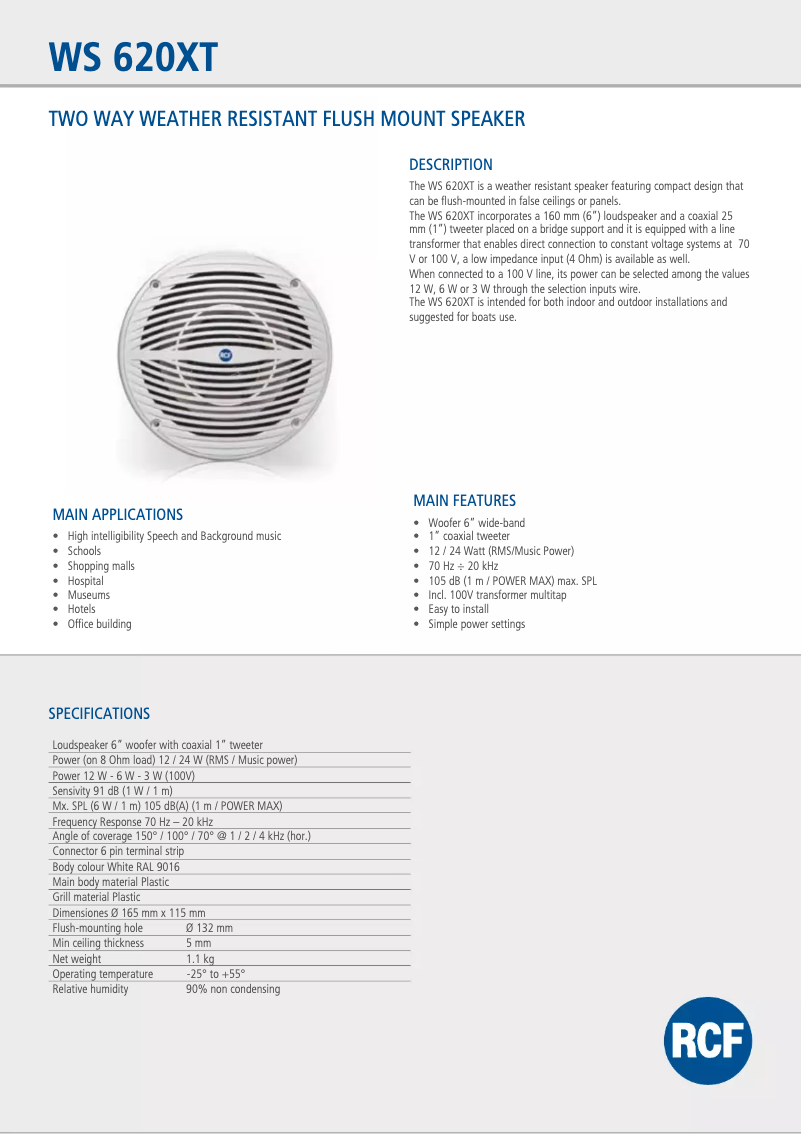 Page 1 de la notice Fiche technique RCF WS 620XT