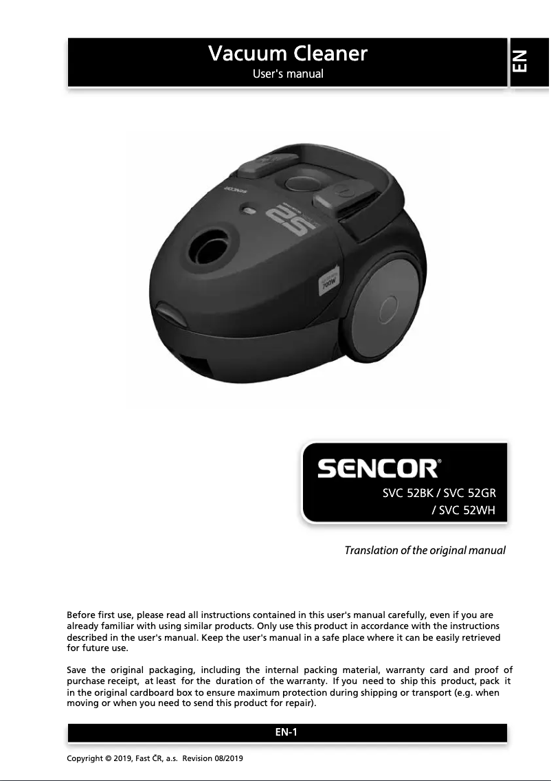 Page n°1 - Manuel utilisateur Sencor SVC 52BK