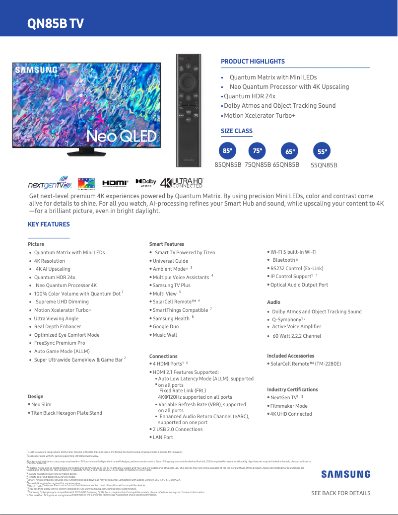 Página 1 del manual Ficha técnica Samsung QN85QN85B