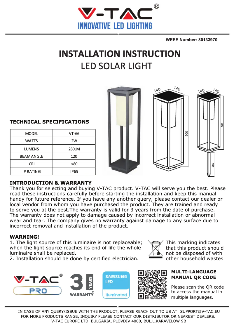 Page 1 de la notice Manuel utilisateur V-TAC VT-66