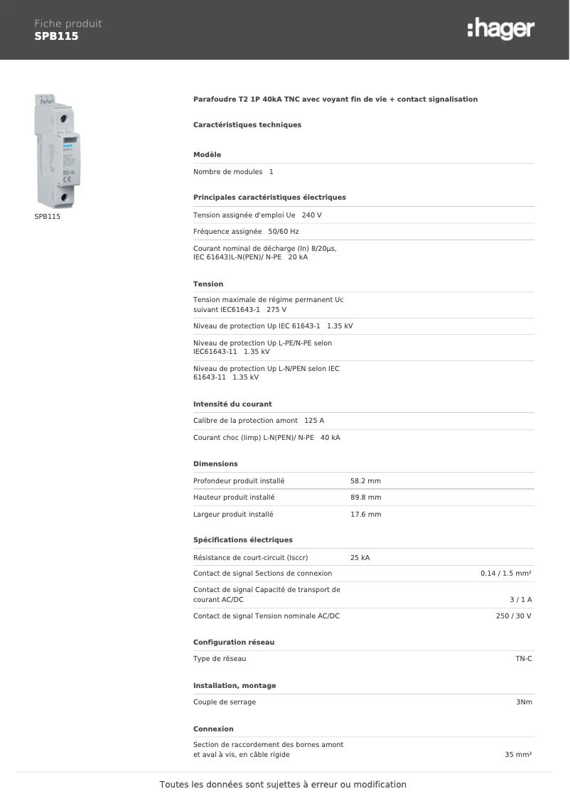 Page n°1 - Manuel utilisateur Hager SPB115