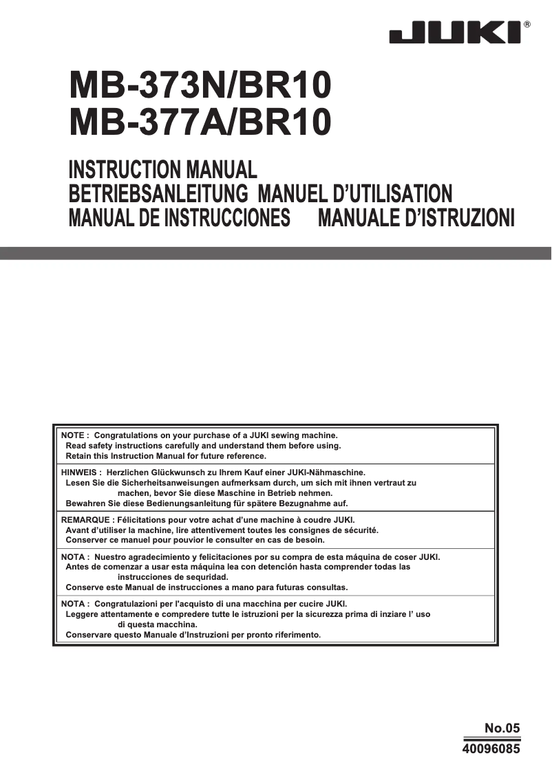 Page 1 de la notice Manuel utilisateur Juki MB-1800A