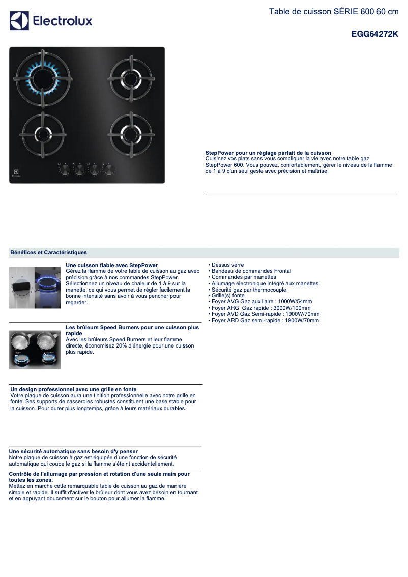 Page 1 de la notice Fiche technique Electrolux EGG64272K