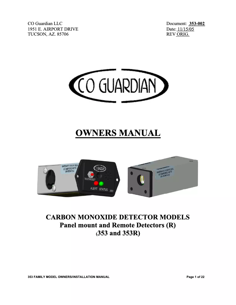 Page n°1 - Manuel utilisateur Guardian Avionics 353-101