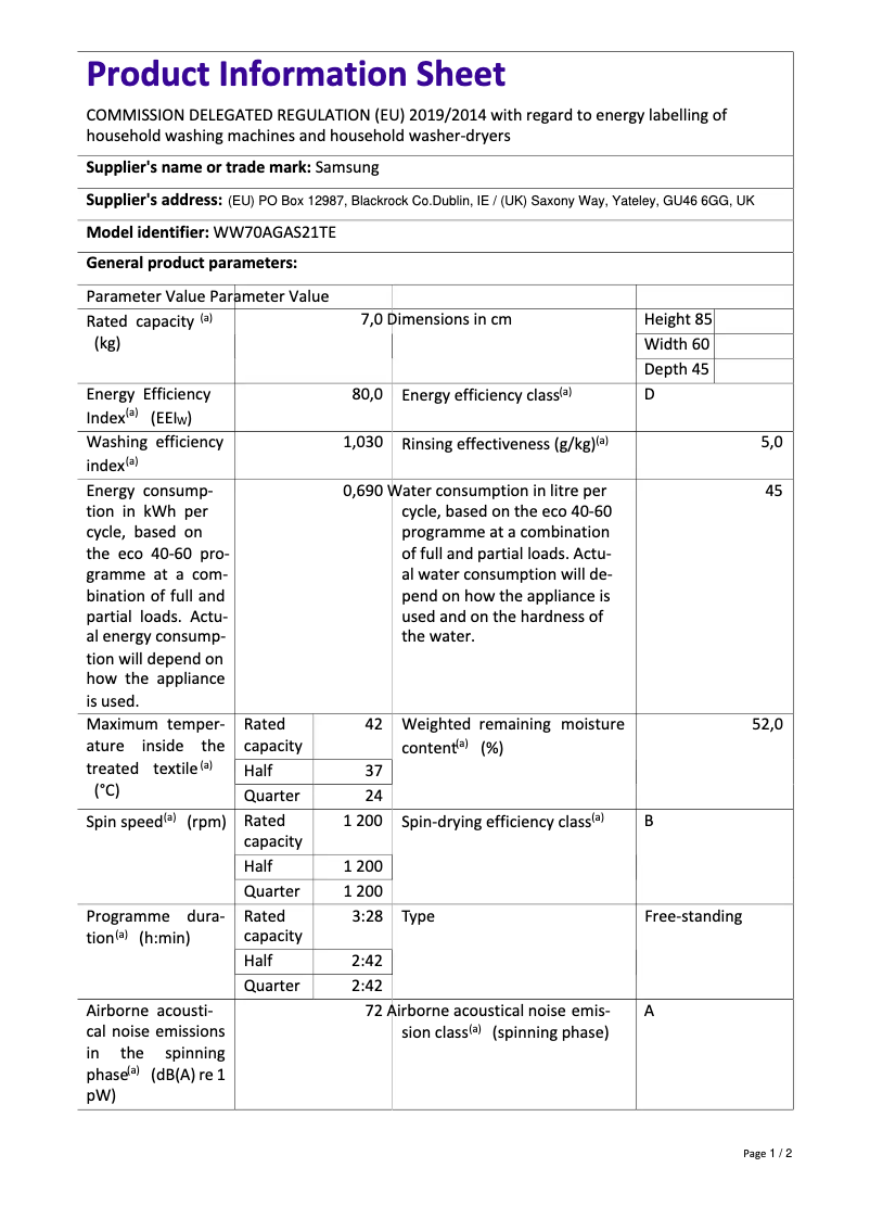Image de la première page du manuel de l'appareil WW70AGAS21TE