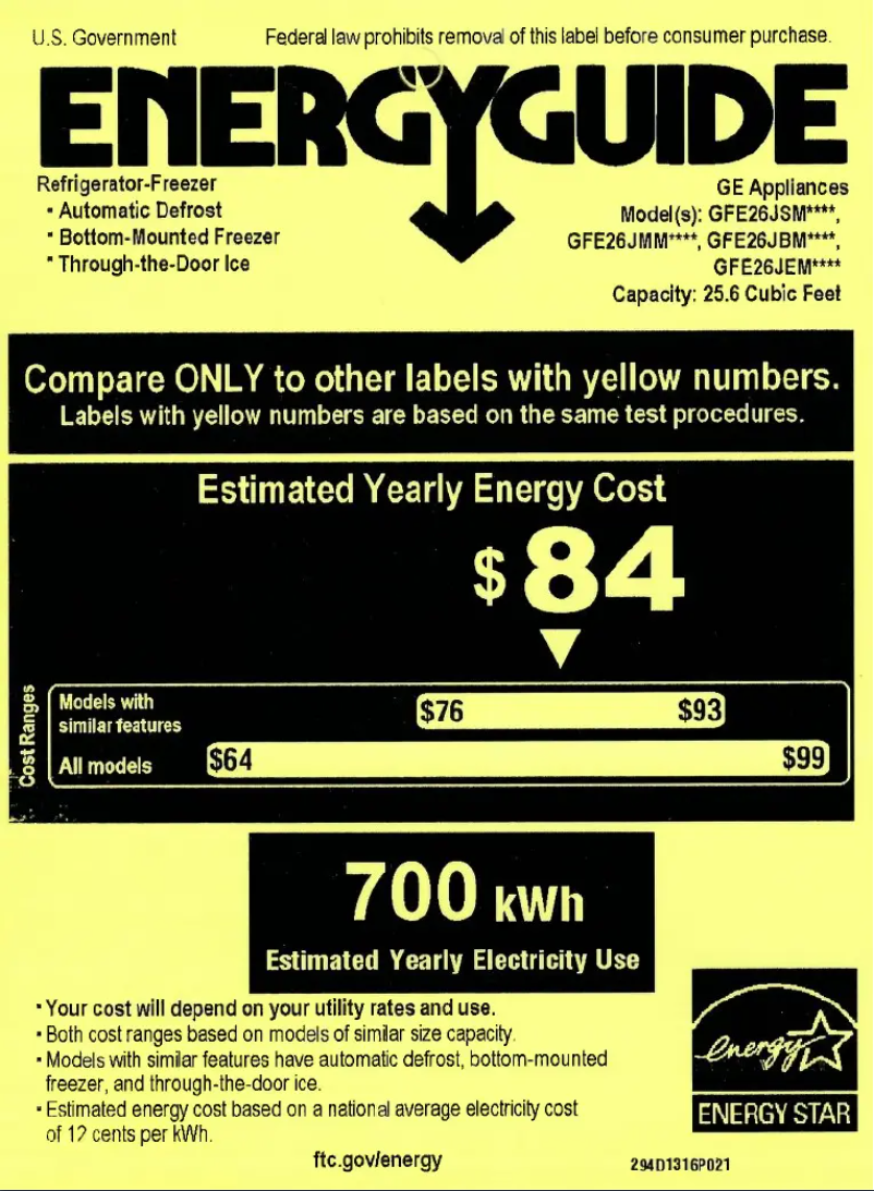 Page 1 de la notice Label énergétique GE GFE26JBMTS