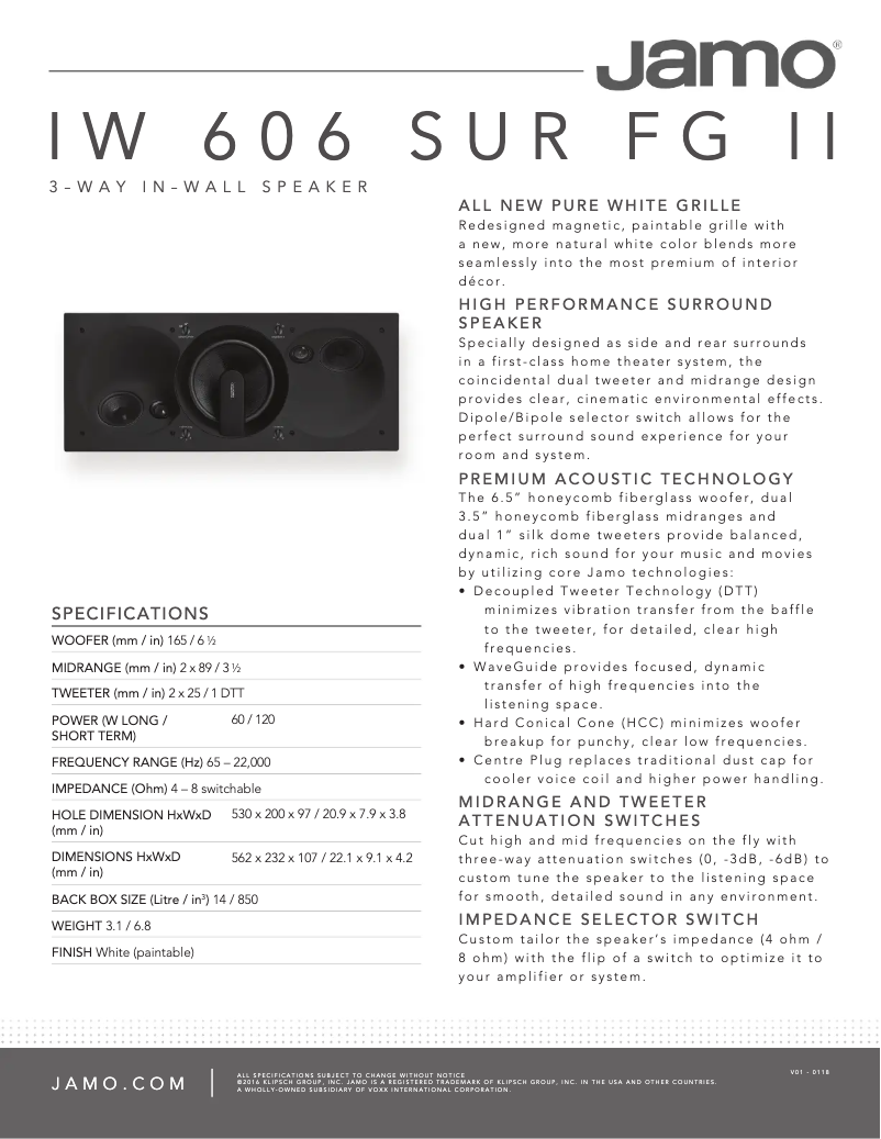 Page 1 de la notice Fiche technique Jamo IW 606 SUR FG II