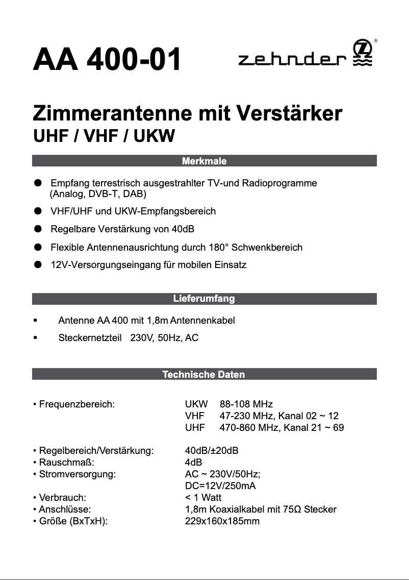 Page n°1 - Manuel utilisateur Zehnder AA 400-01