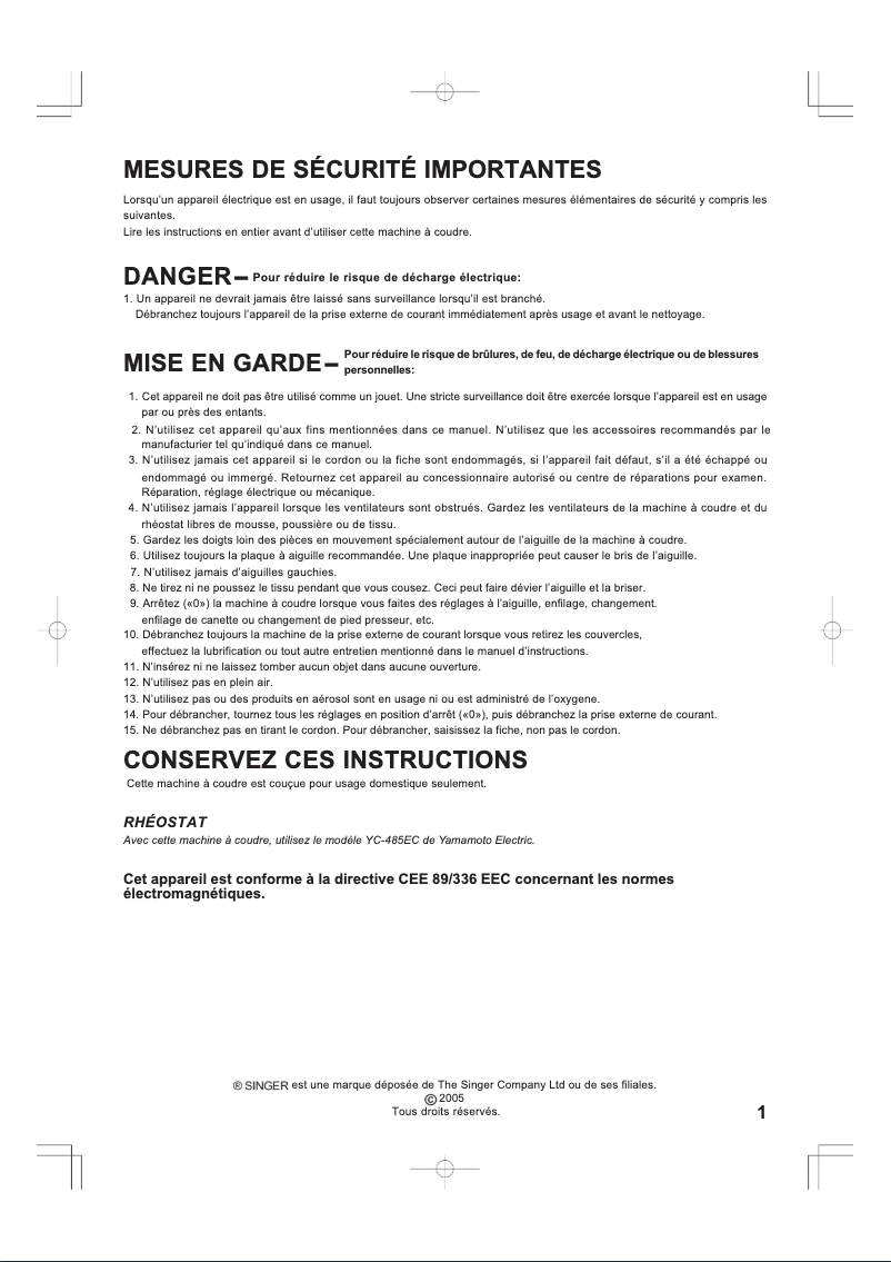 Page 1 de la notice Manuel utilisateur Singer 7430