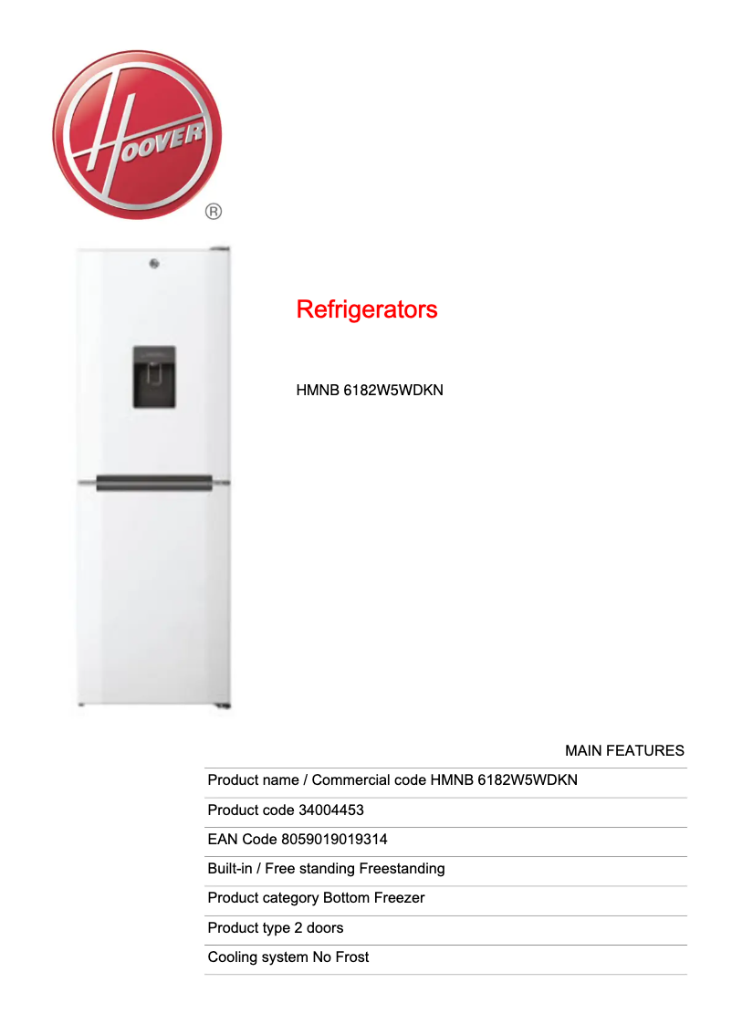 Page n°1 - Fiche technique Hoover HMNB 6182W5WDKN