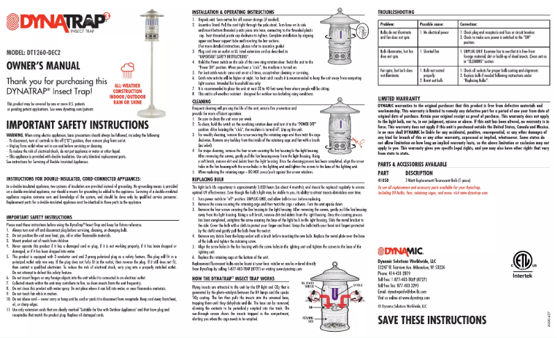 Page n°1 - Manuel utilisateur Dynatrap DT1260-DEC2