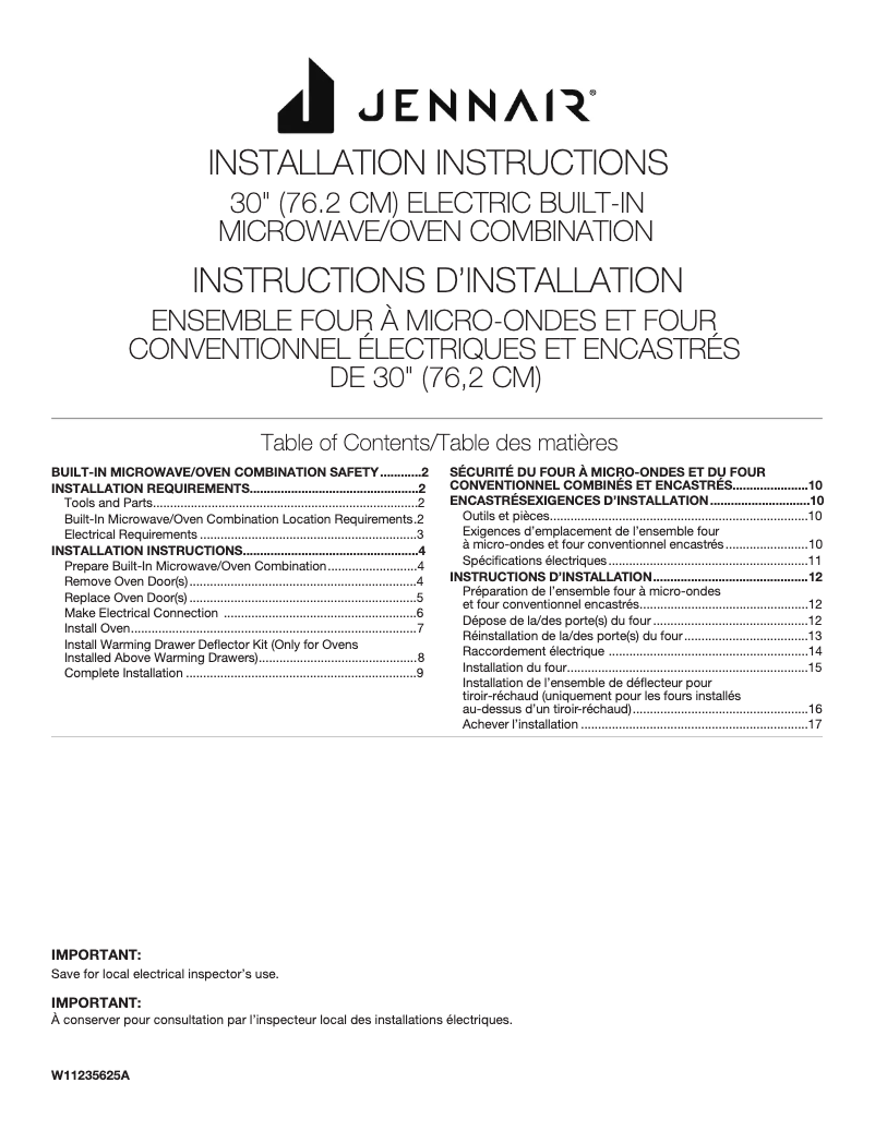 Page n°1 - Guide d'installation JennAir JMW3430IL