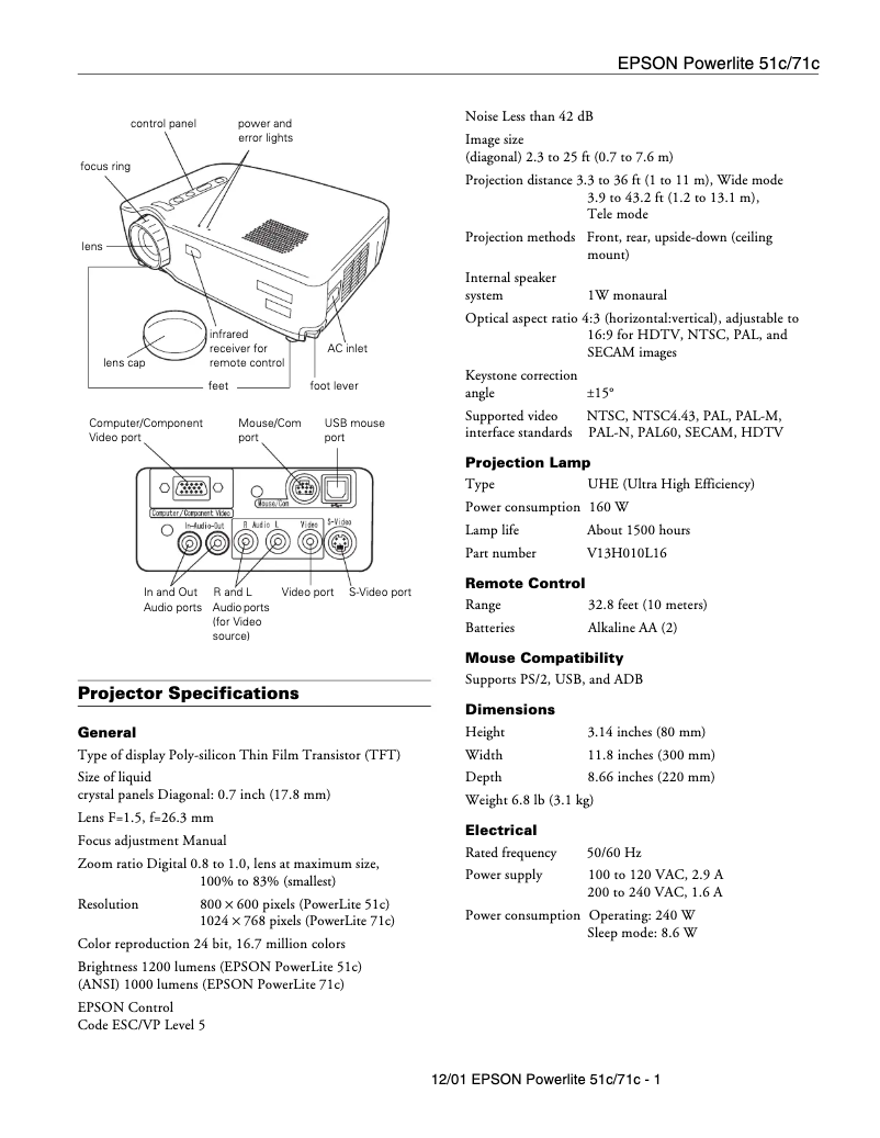 Imagen de la primera página del manual del dispositivo PowerLite 51c
