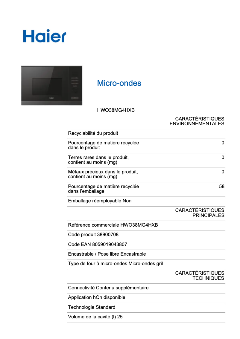 Page 1 de la notice Label énergétique Haier HWO38MG4HXB