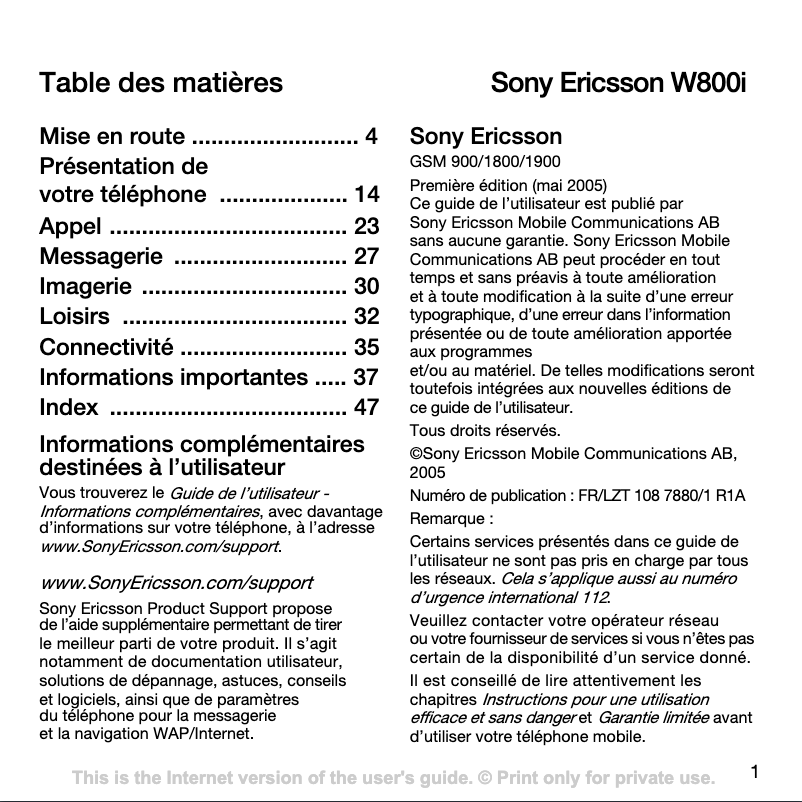 Page 1 de la notice Manuel utilisateur Sony Ericsson W800i