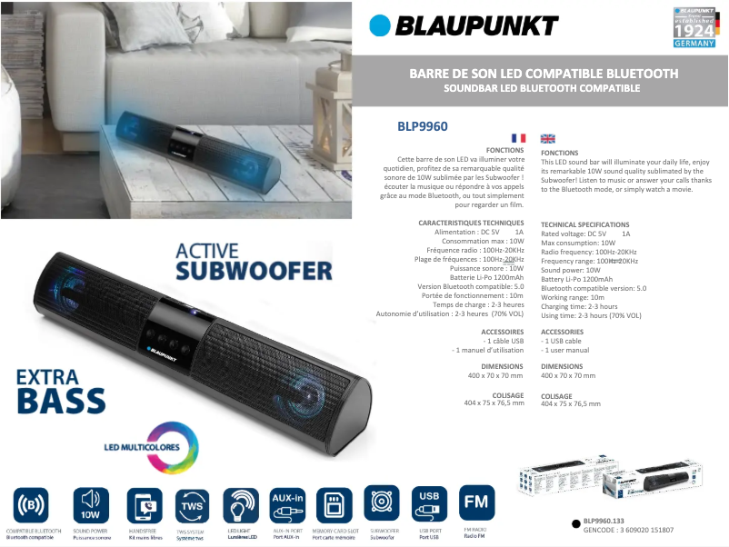 Page n°1 - Fiche technique Blaupunkt BLP9960