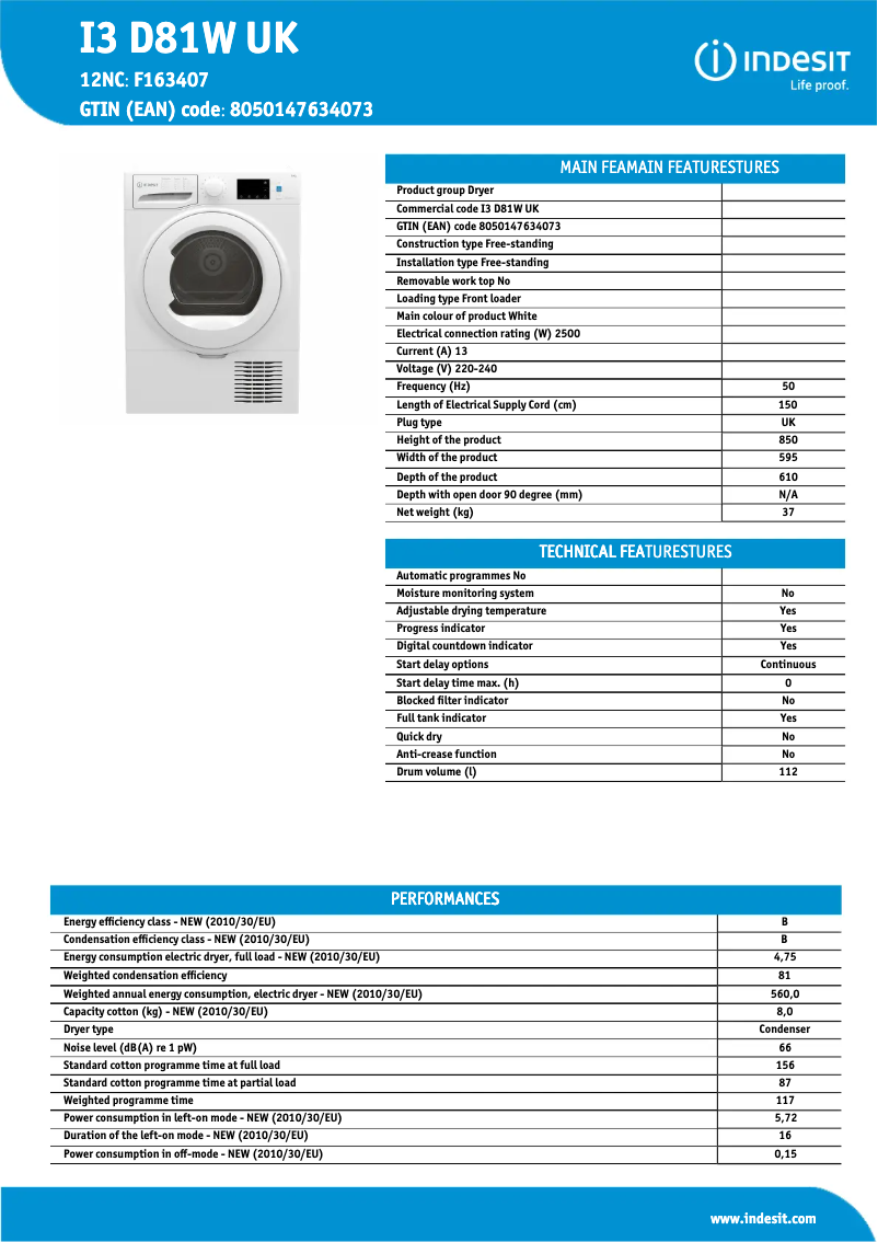 Page n°1 - Fiche technique Indesit I3 D81W UK