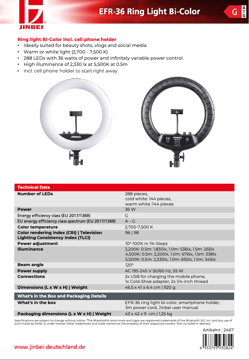Page 1 de la notice Fiche technique Jinbei EFR-36