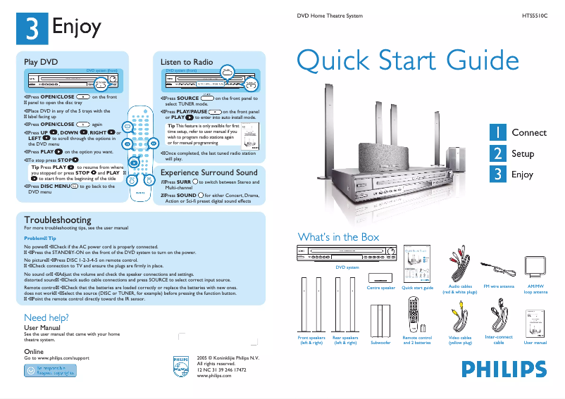 Page 1 de la notice Guide de démarrage rapide Philips HTS5510C