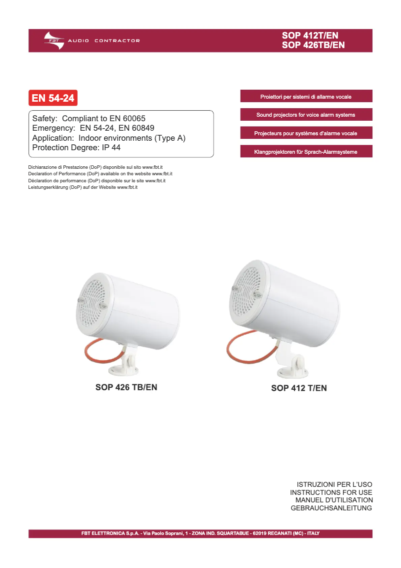 Page n°1 - Manuel utilisateur FBT SOP 426 TB