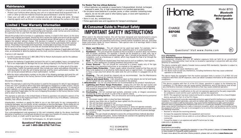 Page n°1 - Manuel utilisateur iHome iBT65