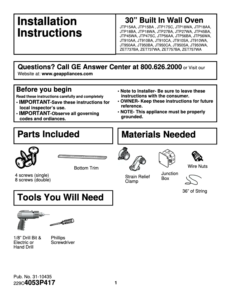 Page 1 de la notice Guide d'installation GE JTP15ADAA