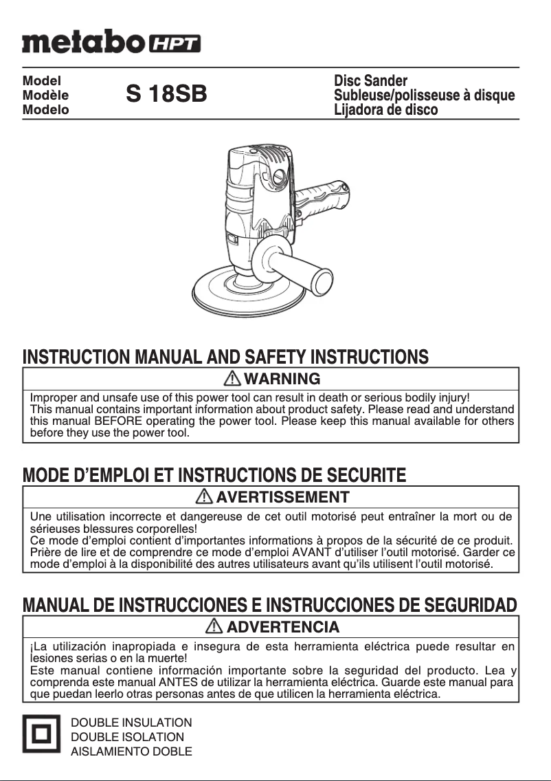 Page 1 de la notice Manuel utilisateur Metabo 18SB