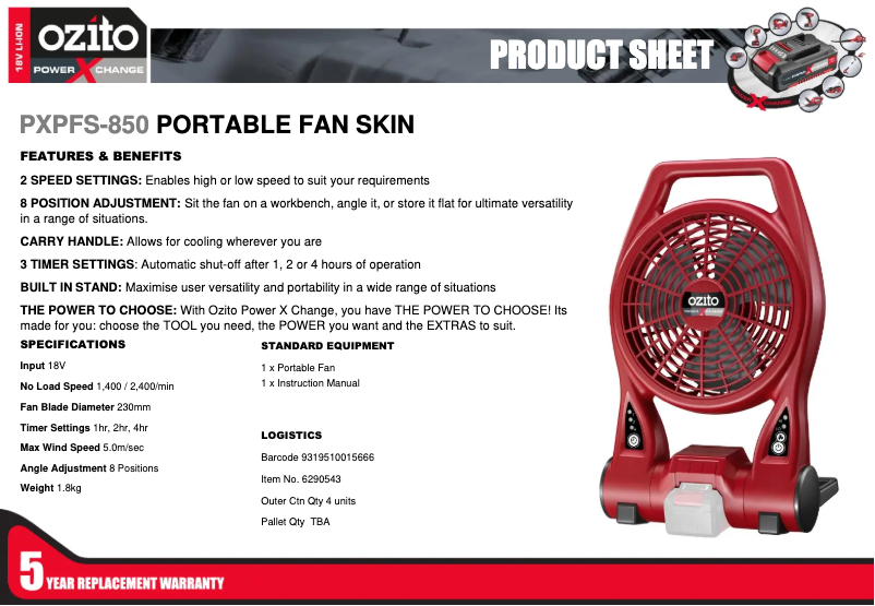 Page 1 de la notice Fiche technique Ozito PXPFS-850