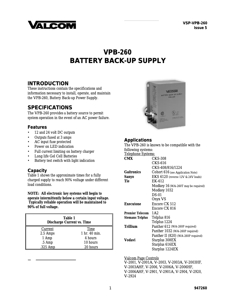 Page 1 of the manual User Manual Valcom VPB-260