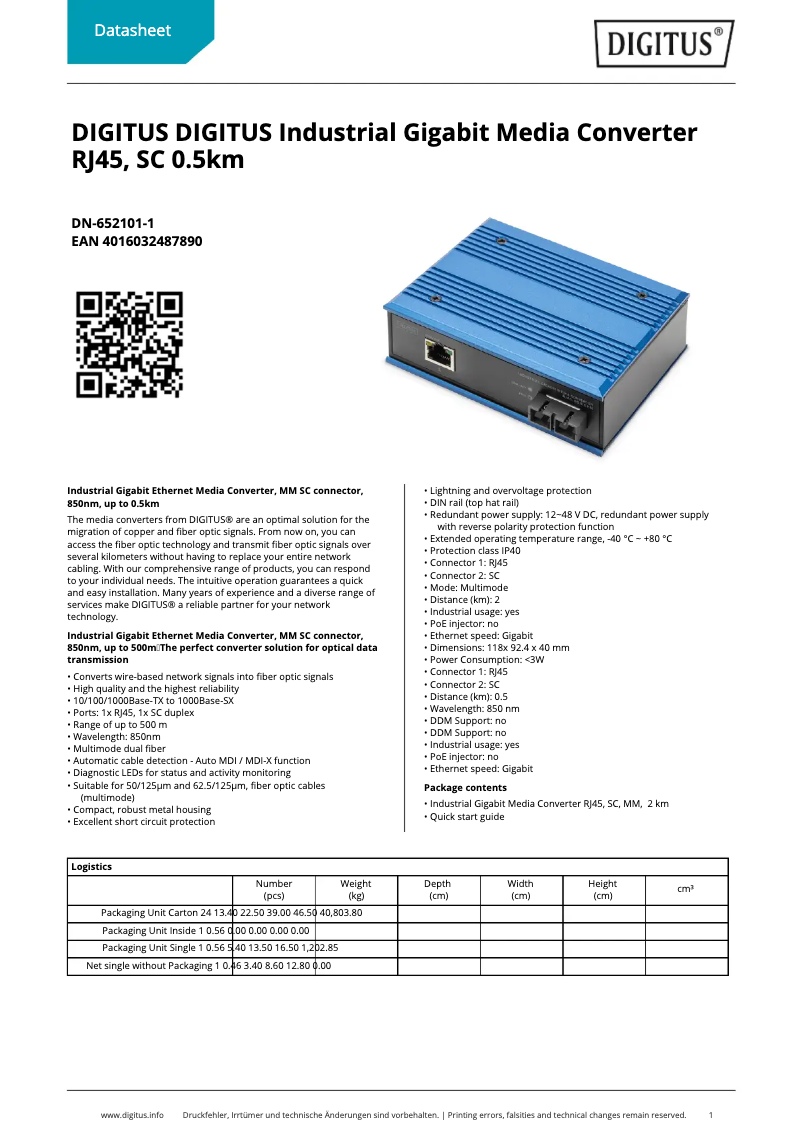 Page 1 de la notice Fiche technique Digitus DN-652101-1