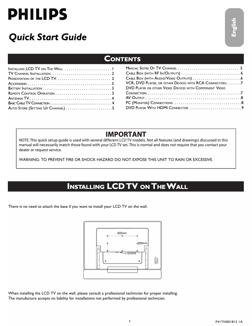 Page 1 de la notice Guide de démarrage rapide Philips 42TA1800