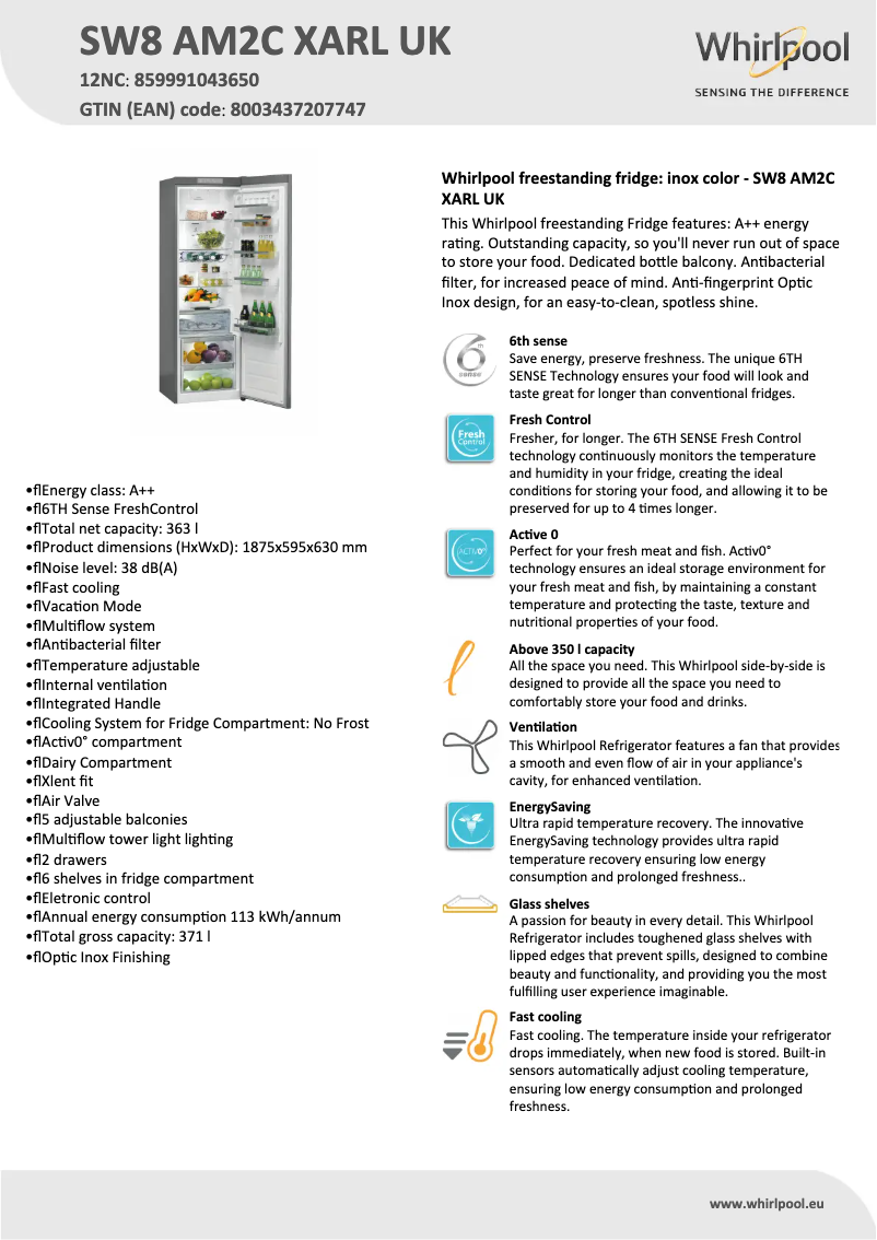 Page 1 de la notice Fiche technique Whirlpool SW8 AM2C XAR