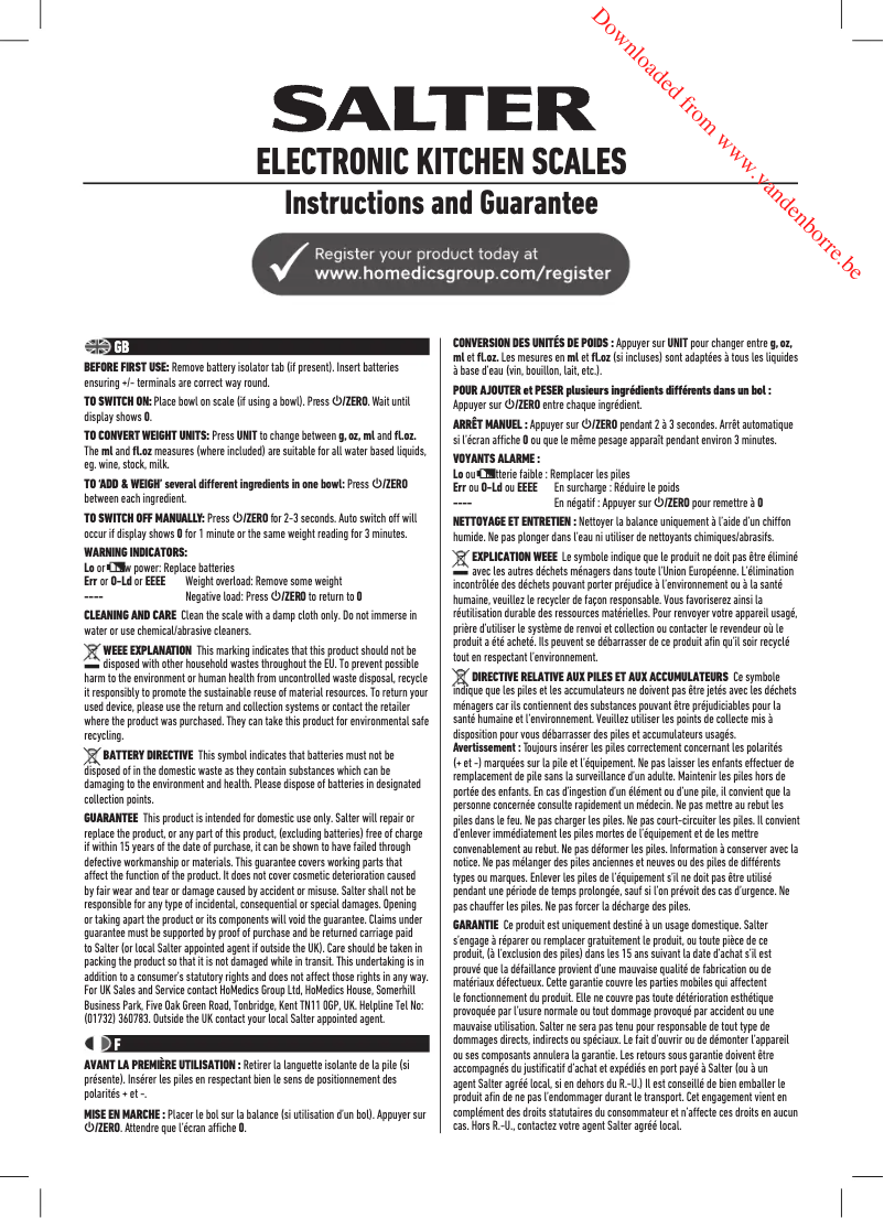 Page 1 de la notice Manuel utilisateur Salter 1065 WHDR