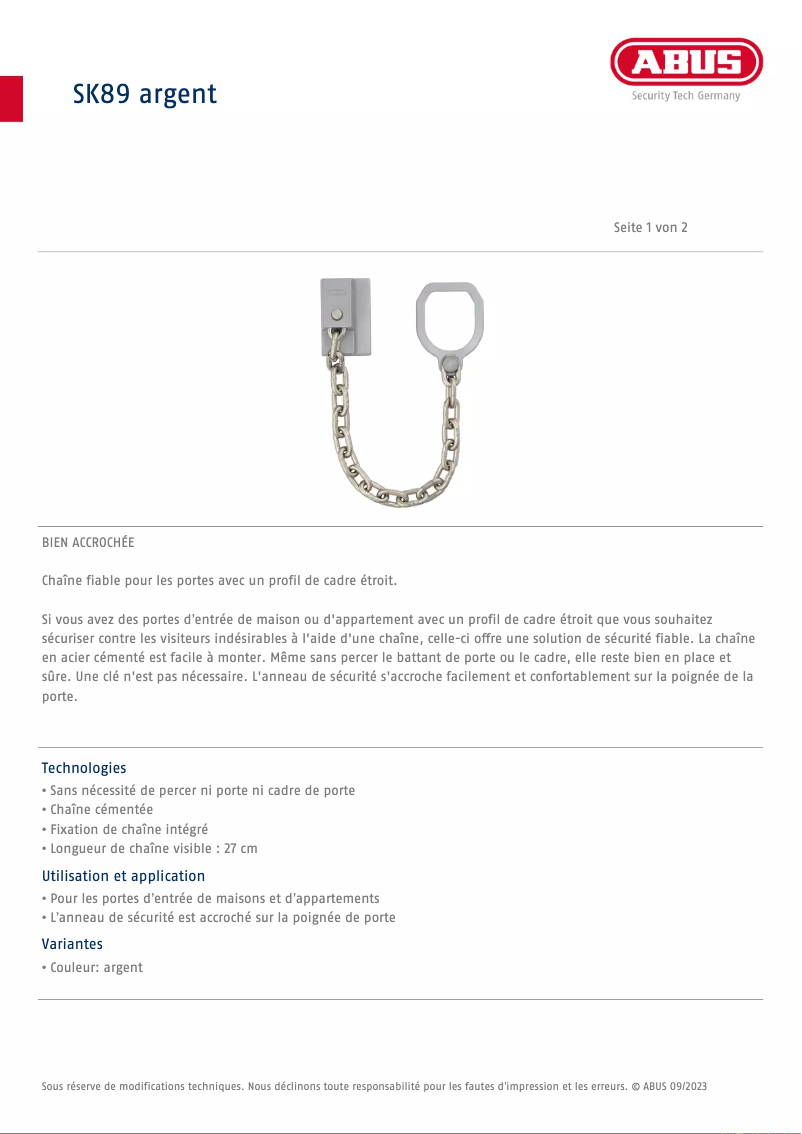 Page 1 de la notice Fiche technique Abus SK89