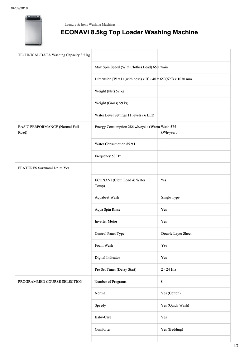 Page 1 de la notice Fiche technique Panasonic NA-FS85G3
