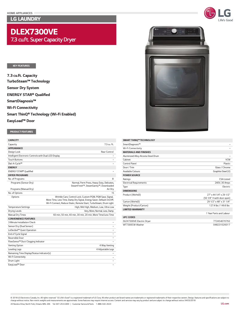 Page 1 de la notice Fiche technique LG DLEX7300VE