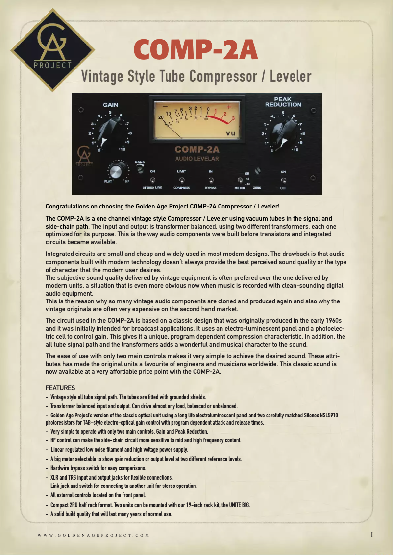 Page 1 de la notice Manuel utilisateur Golden Age Project Comp-2A