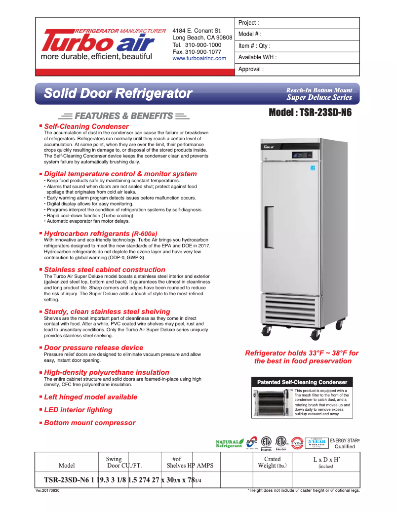 Page 1 de la notice Fiche technique Turbo air TSR-23SD