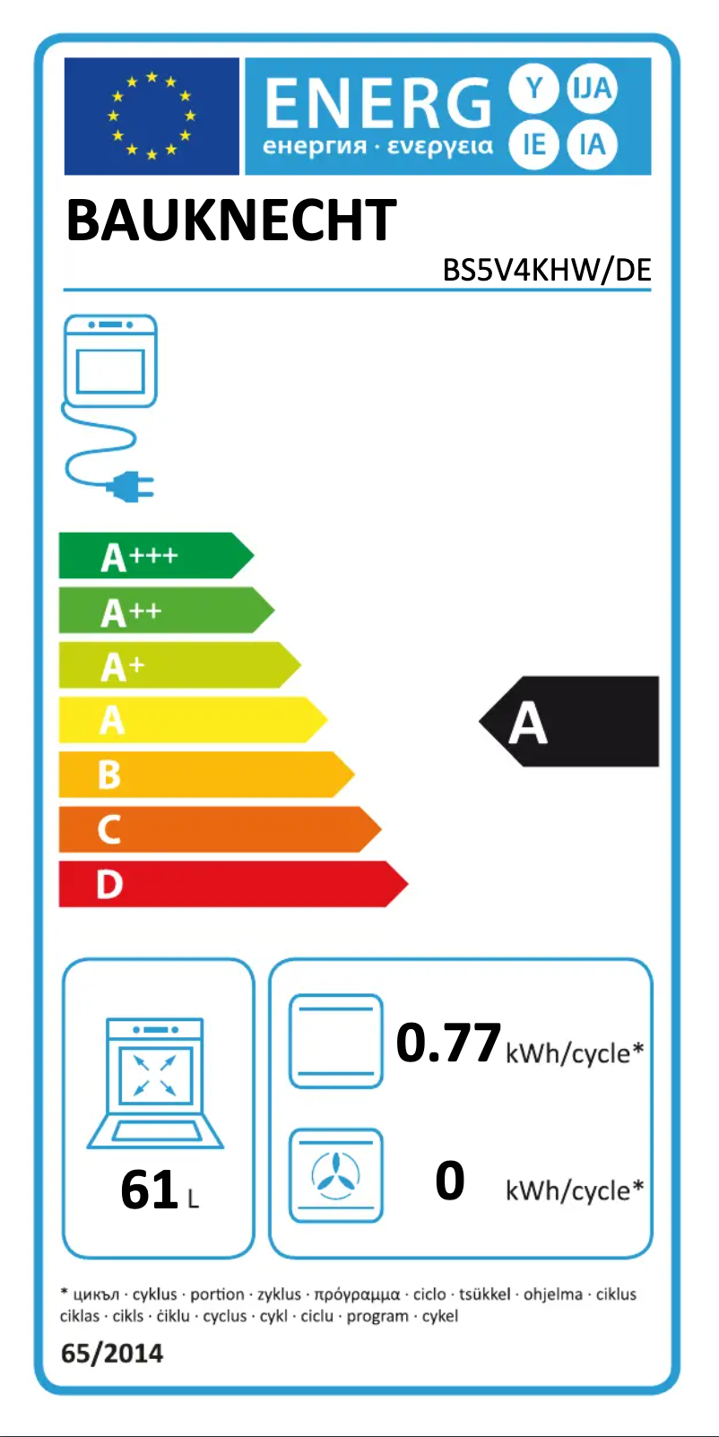 Page 1 de la notice Label énergétique Bauknecht BS5V4KHW/DE