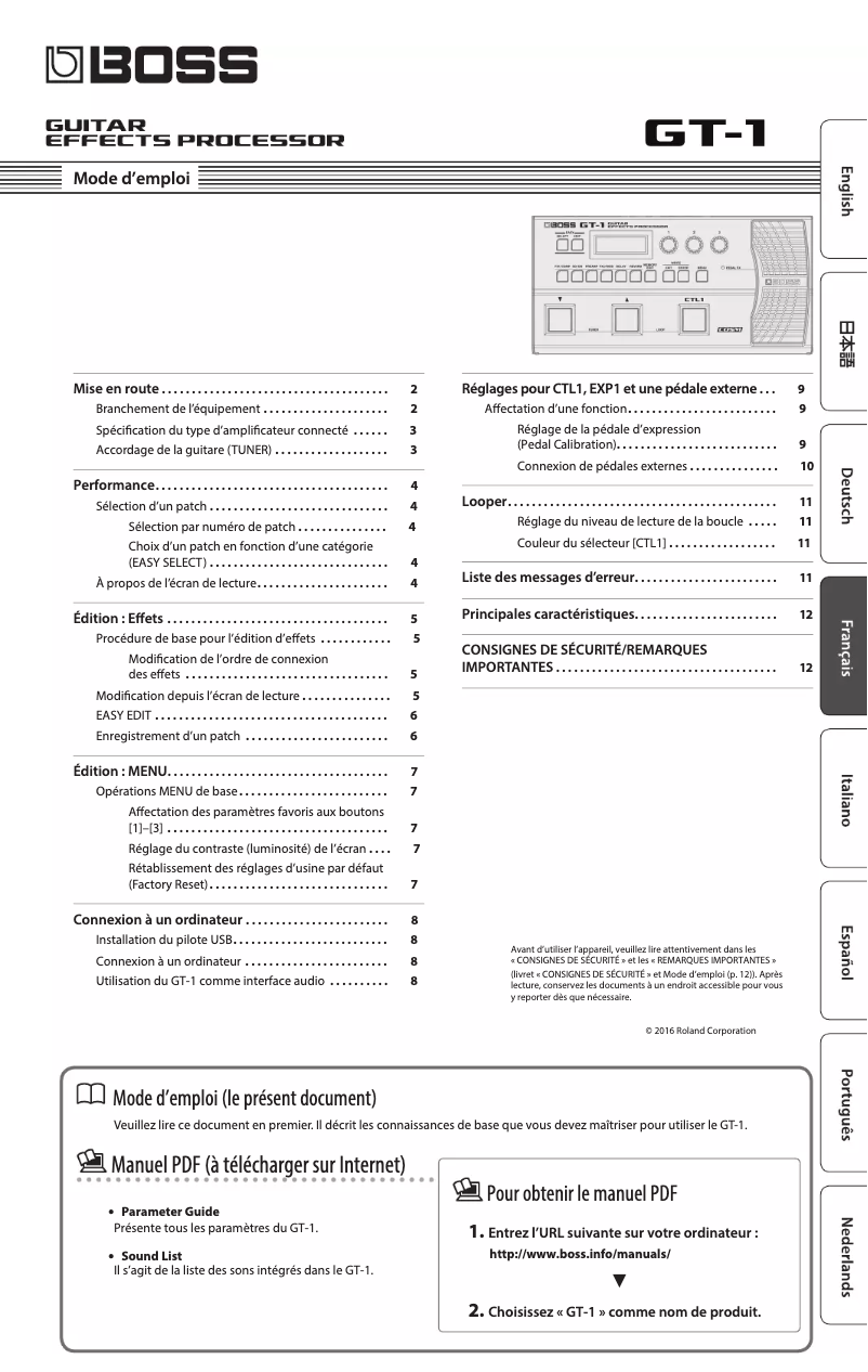 Page 1 de la notice Manuel utilisateur Boss GT-1