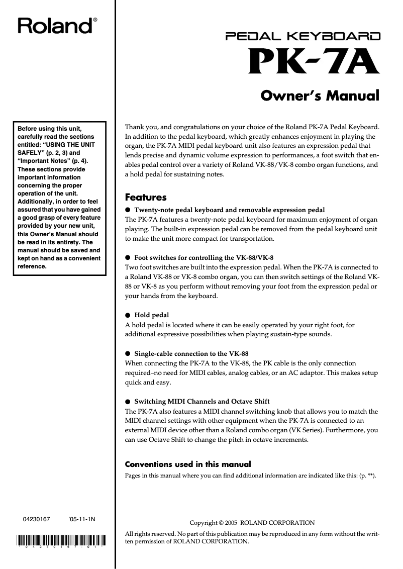 Page n°1 - Manuel utilisateur Roland PK-7